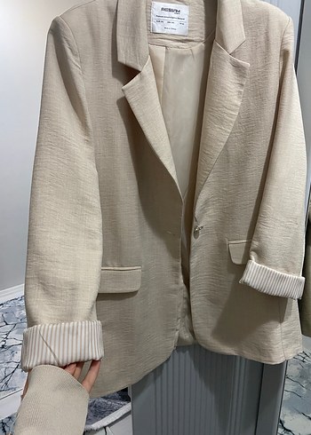 Bej Keten Midi Kadın Blazer Ceket - Görsel 2