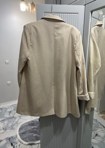 Bej Keten Midi Kadın Blazer Ceket - Görsel 5