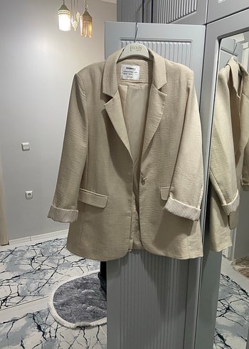 Bej Keten Midi Kadın Blazer Ceket - Görsel 4