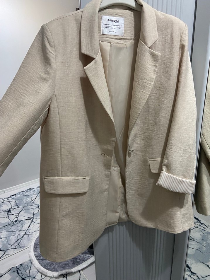 Bej Keten Midi Kadın Blazer Ceket - Görsel 3