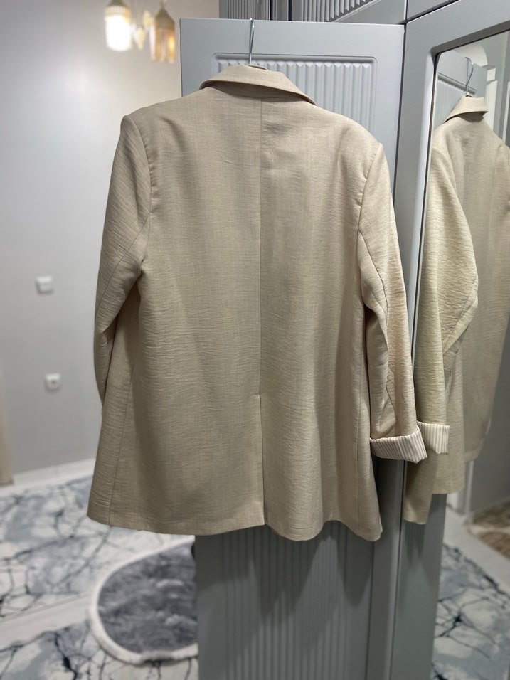 Bej Keten Midi Kadın Blazer Ceket - Görsel 5