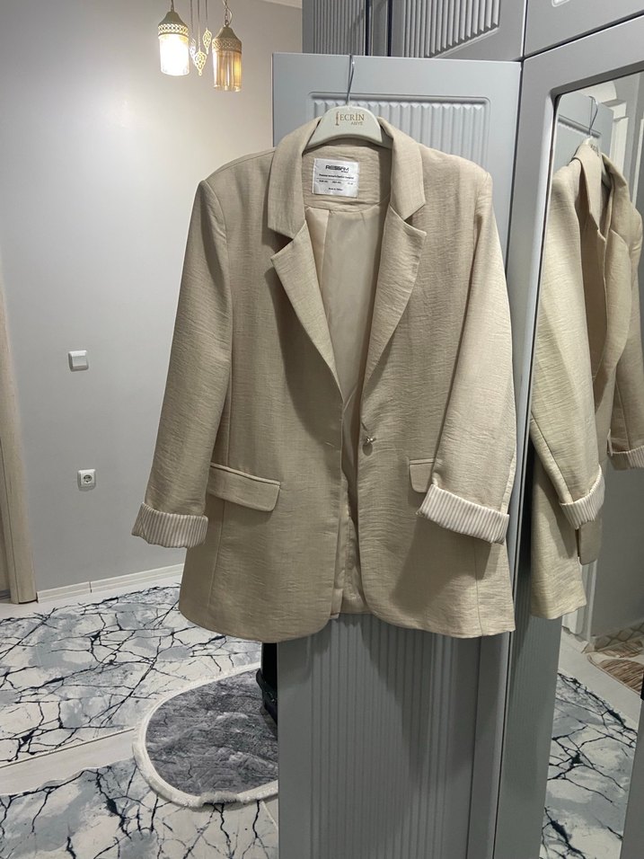 Bej Keten Midi Kadın Blazer Ceket - Görsel 4