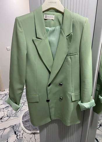 Düğmeli Yeşil Midi Kadın Blazer Ceket - Görsel 2