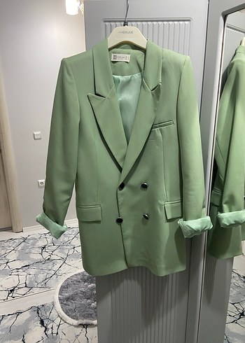 Düğmeli Yeşil Midi Kadın Blazer Ceket - Görsel 3