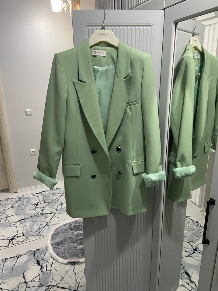Düğmeli Yeşil Midi Kadın Blazer Ceket - Görsel 4