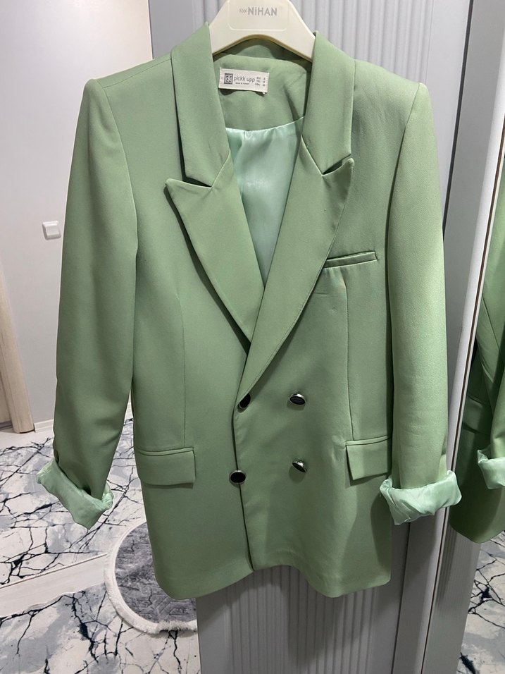 Düğmeli Yeşil Midi Kadın Blazer Ceket - Görsel 2