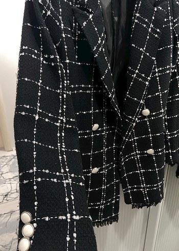 Düğmeli Siyah Ekose Midi Blazer - Görsel 2