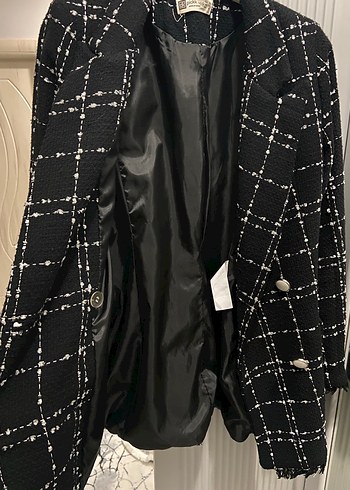 Düğmeli Siyah Ekose Midi Blazer - Görsel 5