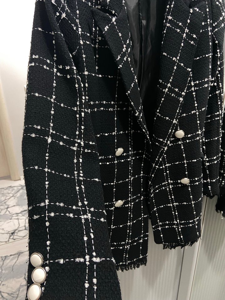 Düğmeli Siyah Ekose Midi Blazer - Görsel 2