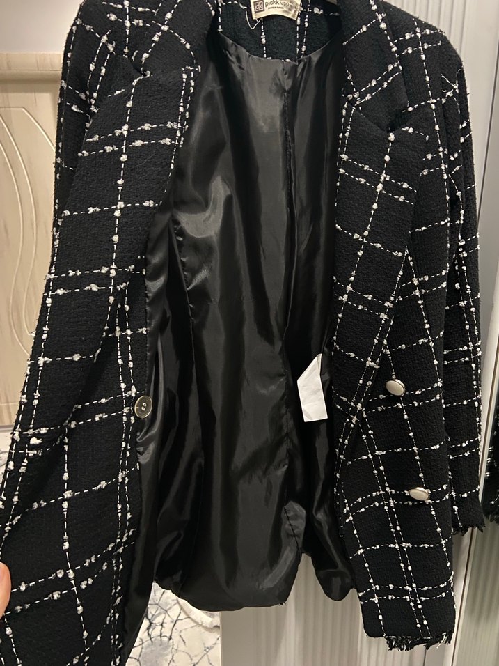 Düğmeli Siyah Ekose Midi Blazer - Görsel 5