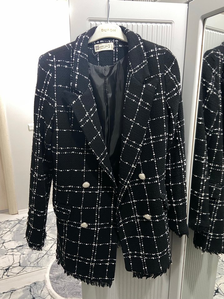 Düğmeli Siyah Ekose Midi Blazer - Görsel 3