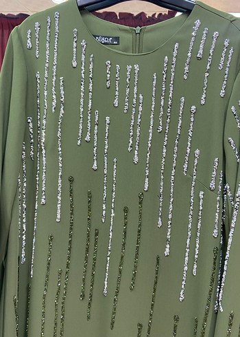Nakışlı Salaş Uzun Kollu Haki Elbise - Görsel 4