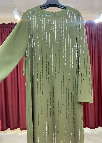 Nakışlı Salaş Uzun Kollu Haki Elbise - Görsel 2