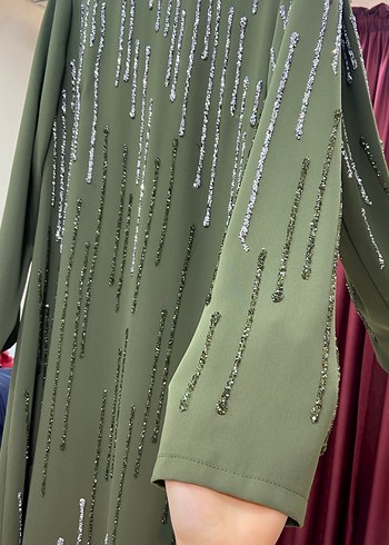 Nakışlı Salaş Uzun Kollu Haki Elbise - Görsel 3