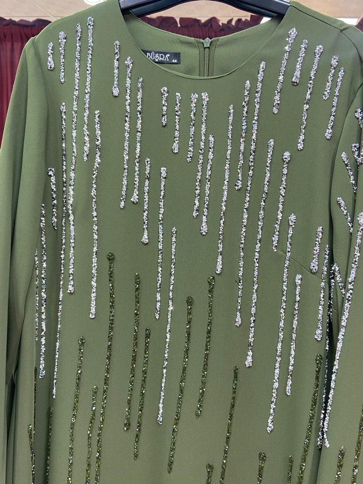 Nakışlı Salaş Uzun Kollu Haki Elbise - Görsel 4