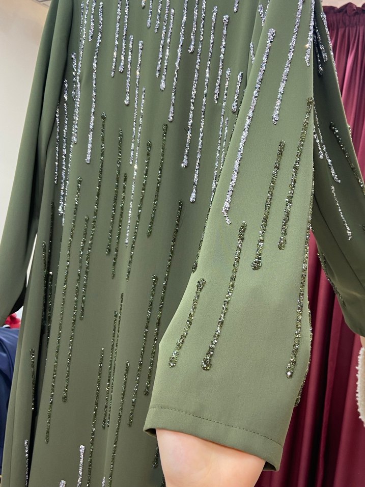 Nakışlı Salaş Uzun Kollu Haki Elbise - Görsel 3