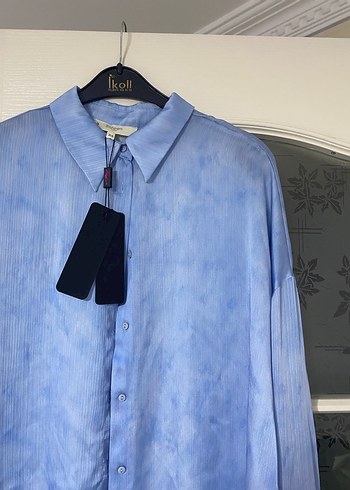 Mavi Bağlama Desenli Düğmeli Kadın Gömlek - Görsel 2