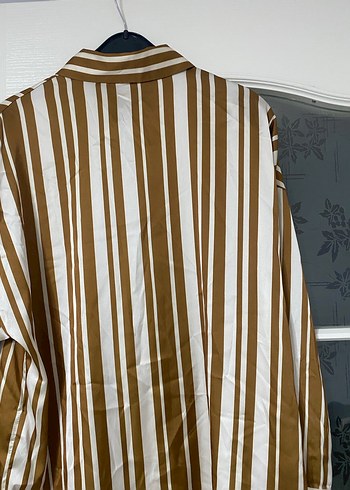 Düğmeli Kahverengi Çizgili Kadın Gömlek - Görsel 2