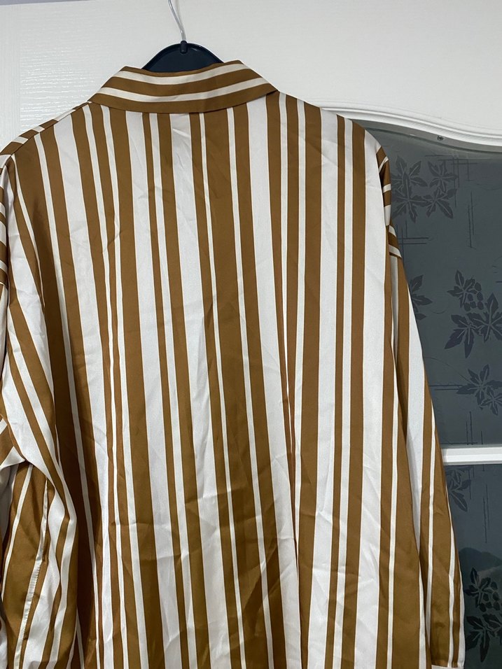 Düğmeli Kahverengi Çizgili Kadın Gömlek - Görsel 2