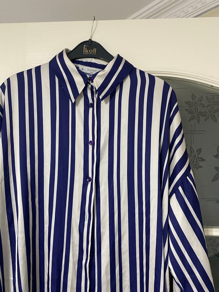 Mavi Çizgili Uzun Kollu Kadın Gömlek - Görsel 2