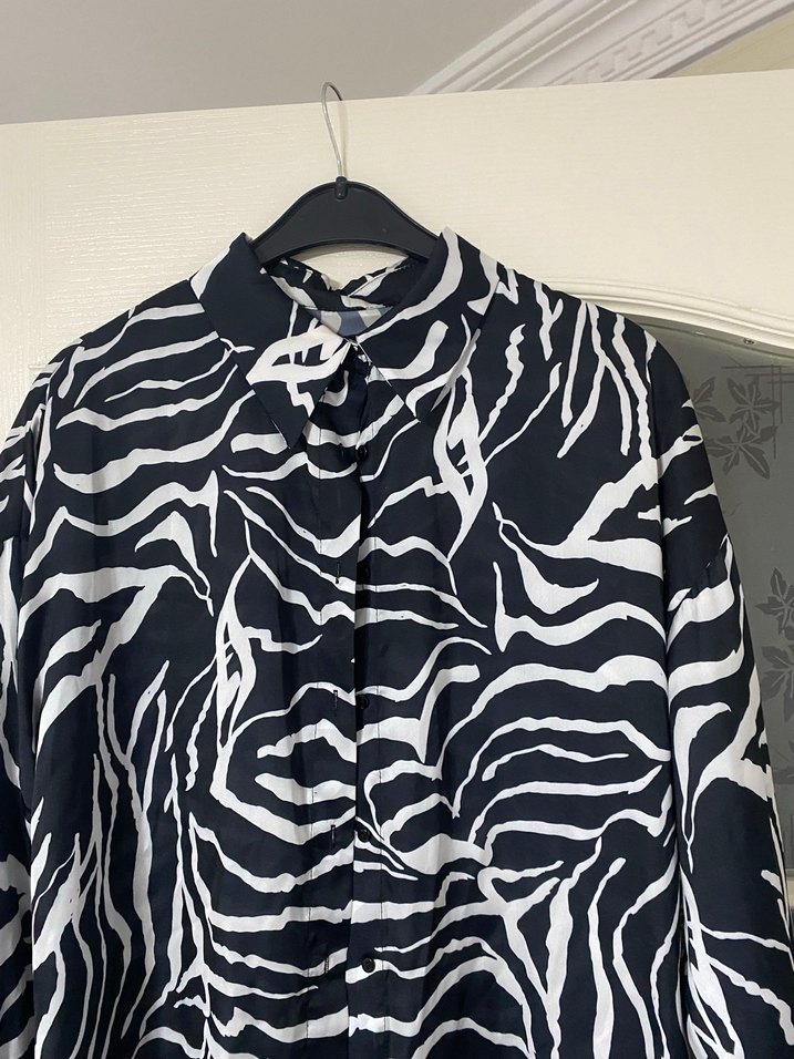 Zebra Desenli Siyah Kadın Keten Gömlek - Görsel 2