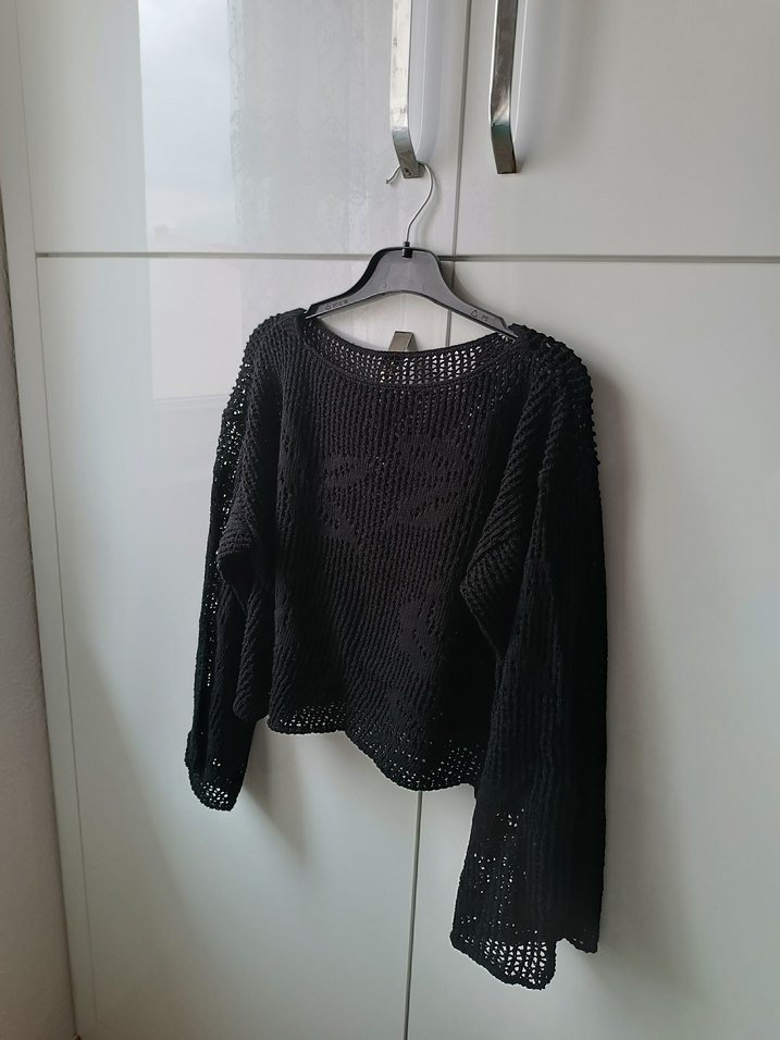 Siyah Örgü Kadın Kazak, Uzun Kollu, Salaş - Görsel 4