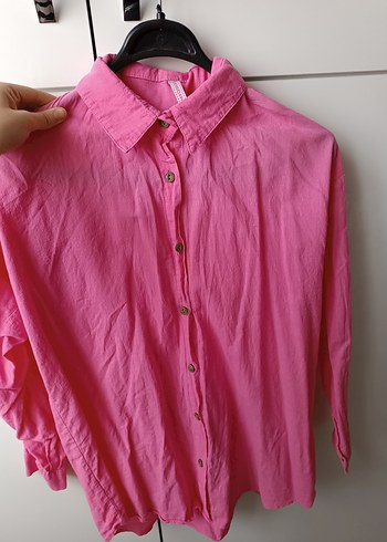 Pembe Keten Düğmeli Kadın Gömlek - Görsel 3