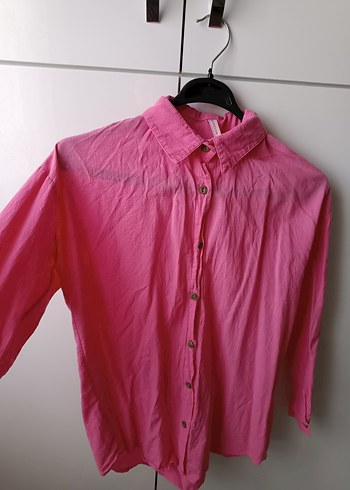 Pembe Keten Düğmeli Kadın Gömlek - Görsel 2