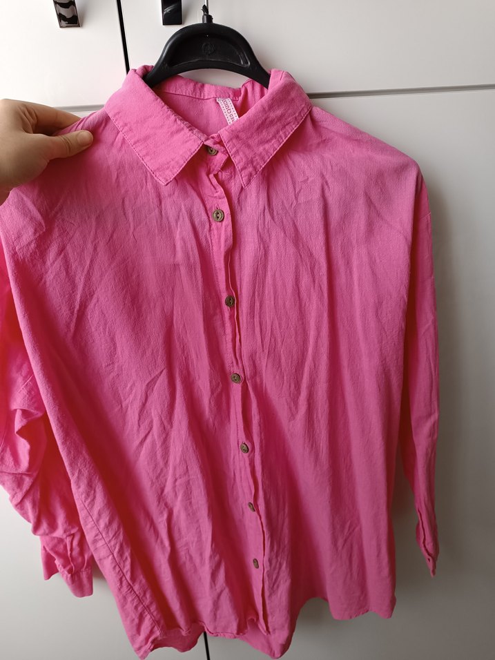 Pembe Keten Düğmeli Kadın Gömlek - Görsel 3