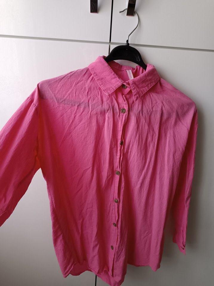 Pembe Keten Düğmeli Kadın Gömlek - Görsel 2