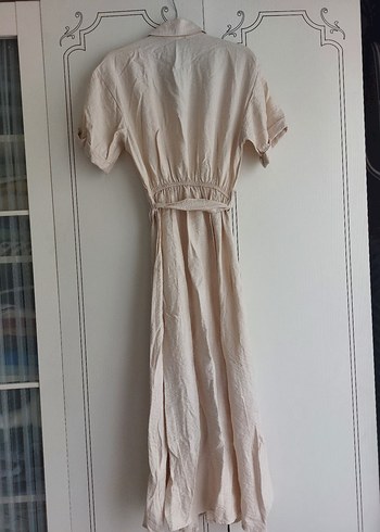 Bej Keten Uzun Düğmeli Elbise - Görsel 3