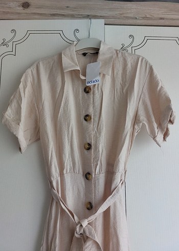 Bej Keten Uzun Düğmeli Elbise - Görsel 2