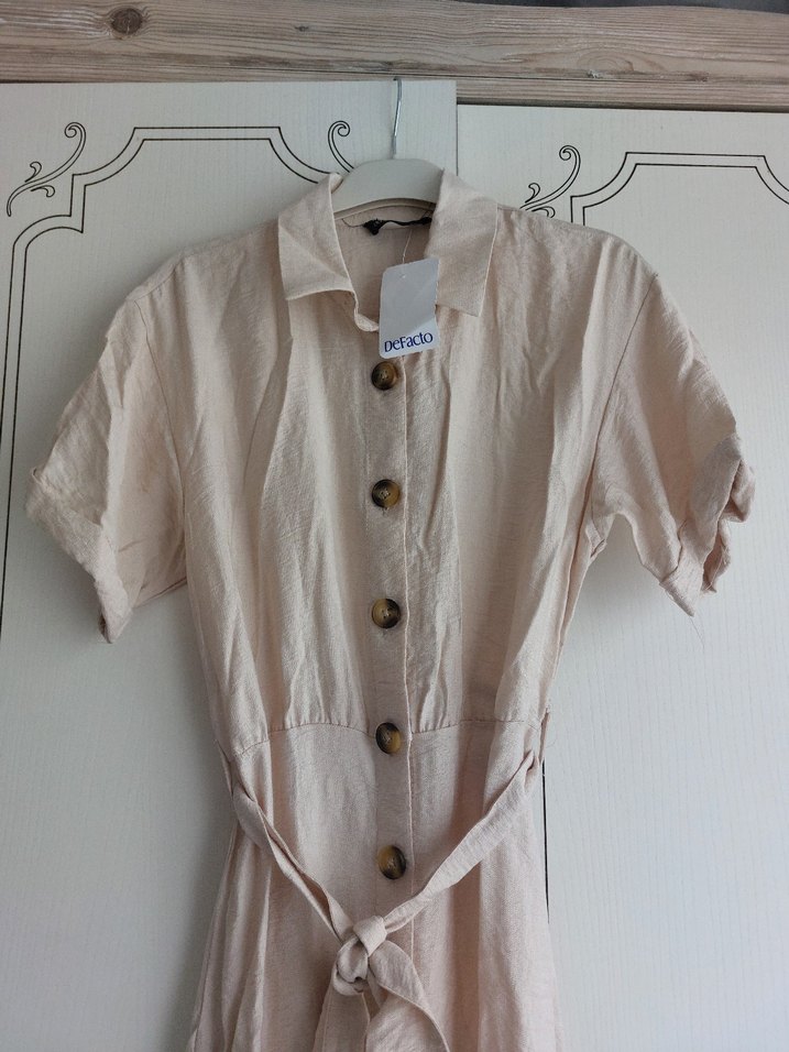 Bej Keten Uzun Düğmeli Elbise - Görsel 2