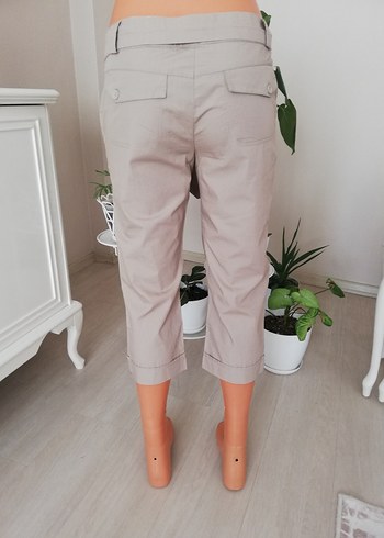 Kemerli Bej Keten Mini Kadın Pantolon - Görsel 4