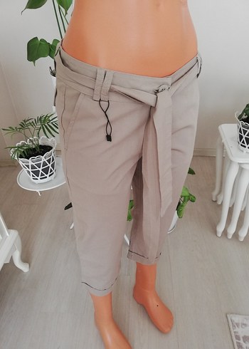 Kemerli Bej Keten Mini Kadın Pantolon - Görsel 6