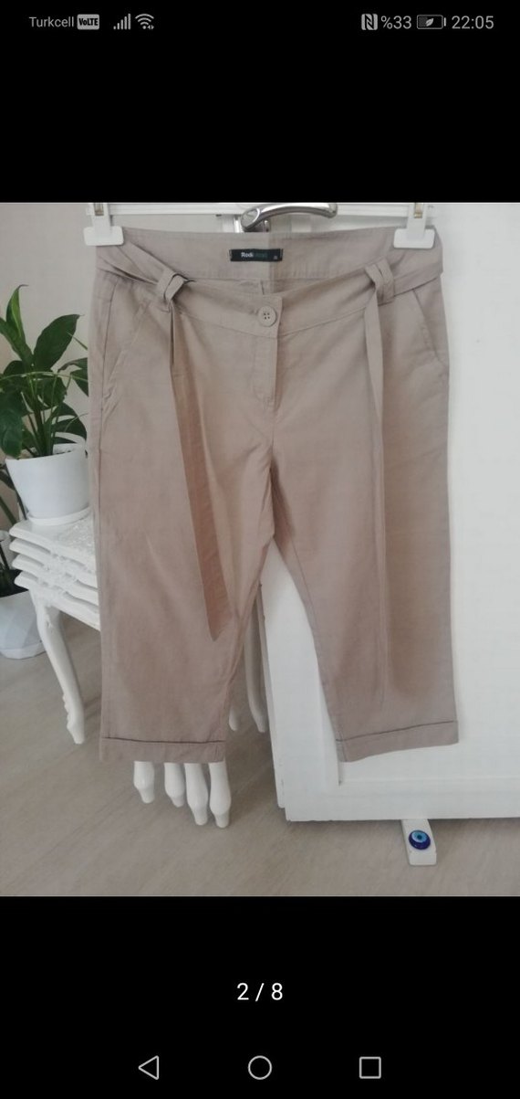 Kemerli Bej Keten Mini Kadın Pantolon - Görsel 2