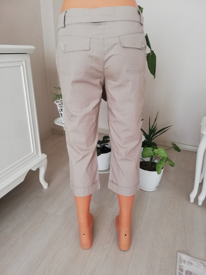 Kemerli Bej Keten Mini Kadın Pantolon - Görsel 4