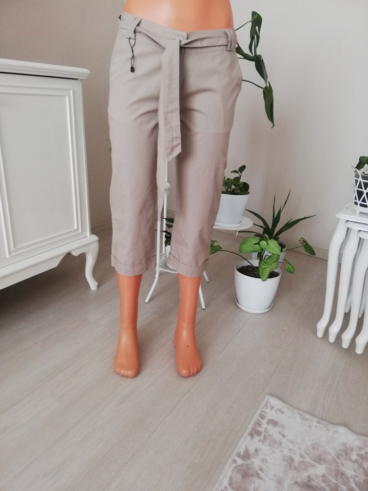 Kemerli Bej Keten Mini Kadın Pantolon - Görsel 5