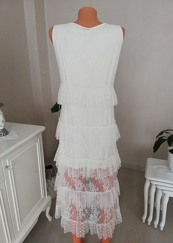 Kat kat beyaz dantel Askılı uzun elbise - Görsel 6