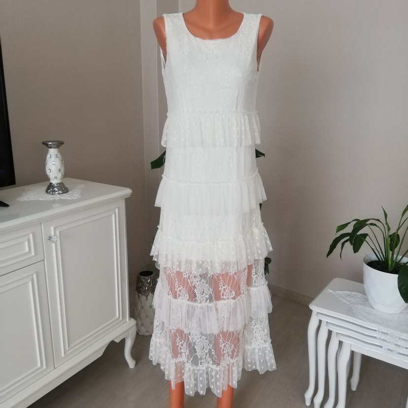 Kat kat beyaz dantel Askılı uzun elbise - Görsel 2