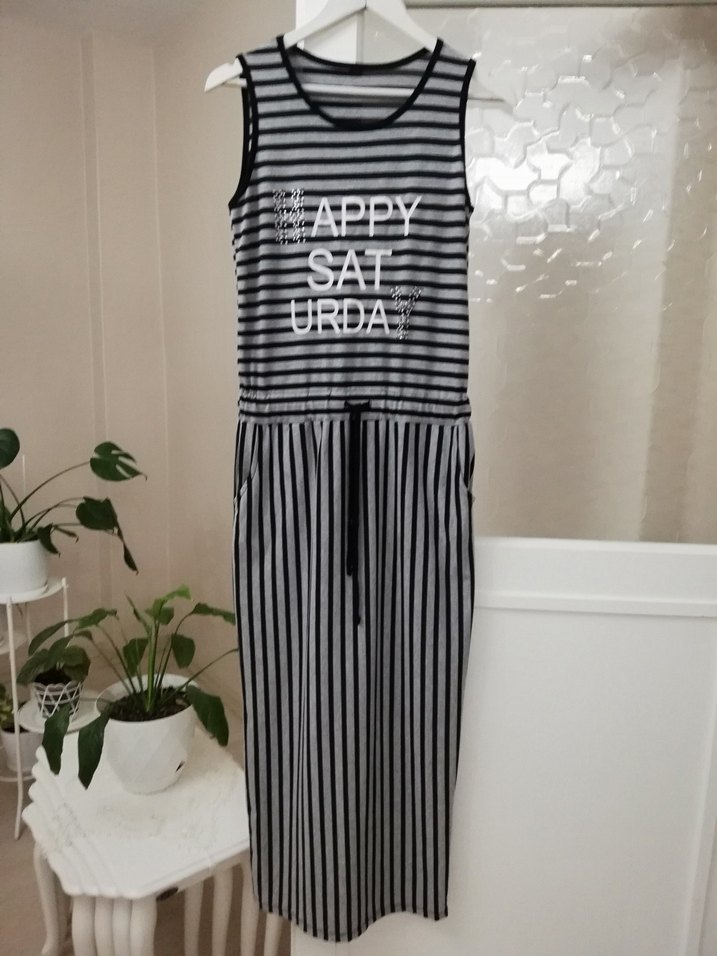 Çizgili Kolsuz Uzun Yazlık Elbise - Görsel 4