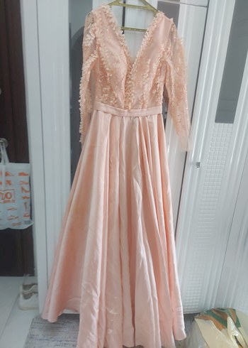 Pudra Pembe Uzun Drapeli V Yaka Kadın Abiye Elbise