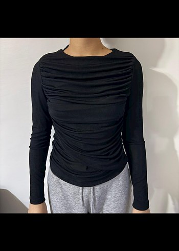 Uzun Kollu Siyah Drapeli Kadın Bluz - Görsel 5