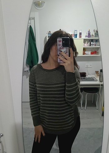 Gri Çizgili Örgü Kadın Kazak - Görsel 6