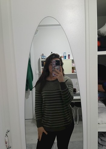 Gri Çizgili Örgü Kadın Kazak - Görsel 4