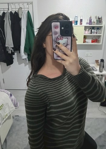 Gri Çizgili Örgü Kadın Kazak - Görsel 5