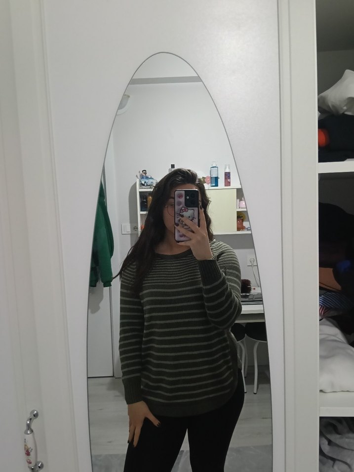 Gri Çizgili Örgü Kadın Kazak - Görsel 4