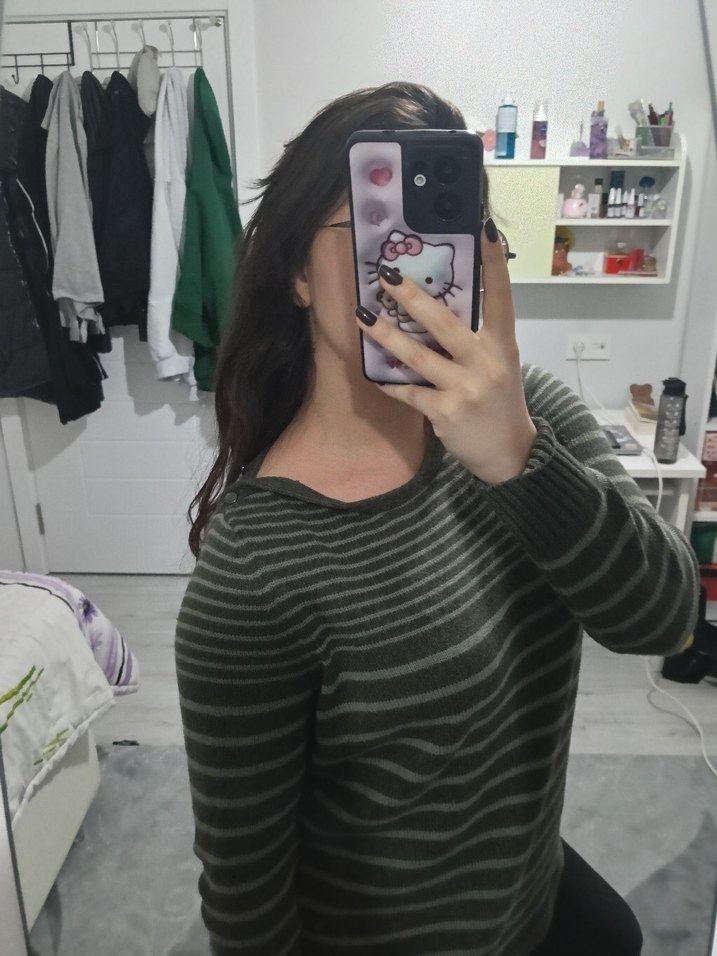 Gri Çizgili Örgü Kadın Kazak - Görsel 5