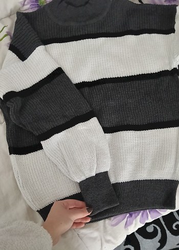 Gri Balıkçı Yaka Çizgili Kadın Kazak - Görsel 2