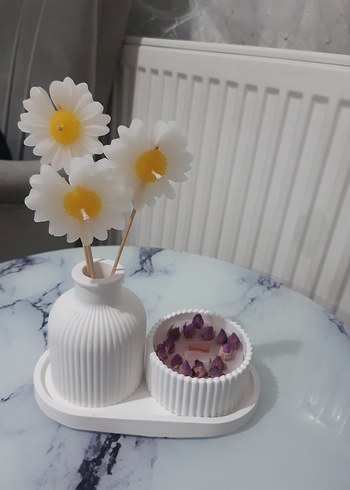 Papatya Şeklinde Beyaz Mum ve Dekoratif Set - Görsel 2